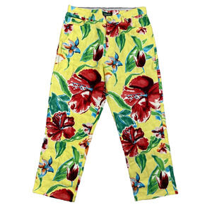 Lauren Ralph Lauren Linen Pants Womens Size 10 Yellow Floral Hawaiian Tropical
